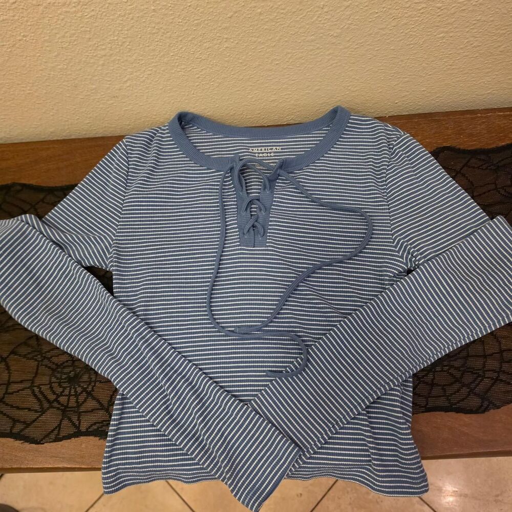 American Eagle Lace Up Striped Long Sleeve